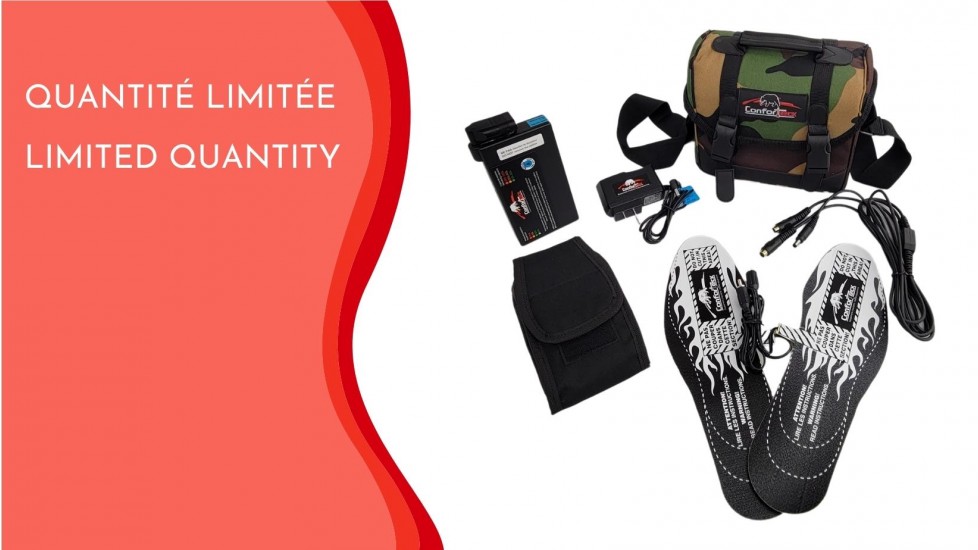 Special heated insoles kit with battery, charger, case and camo storage box